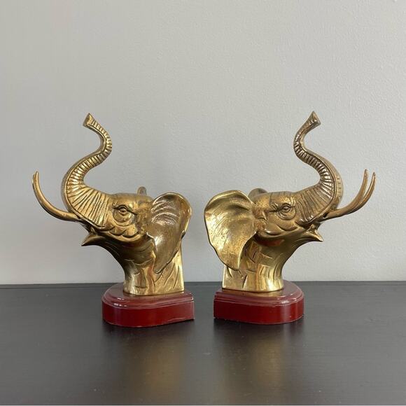 Vintage | Gold Brass Elephant Head & Wood Base Book Ends Pair Set Animal Design - Picture 1 of 7